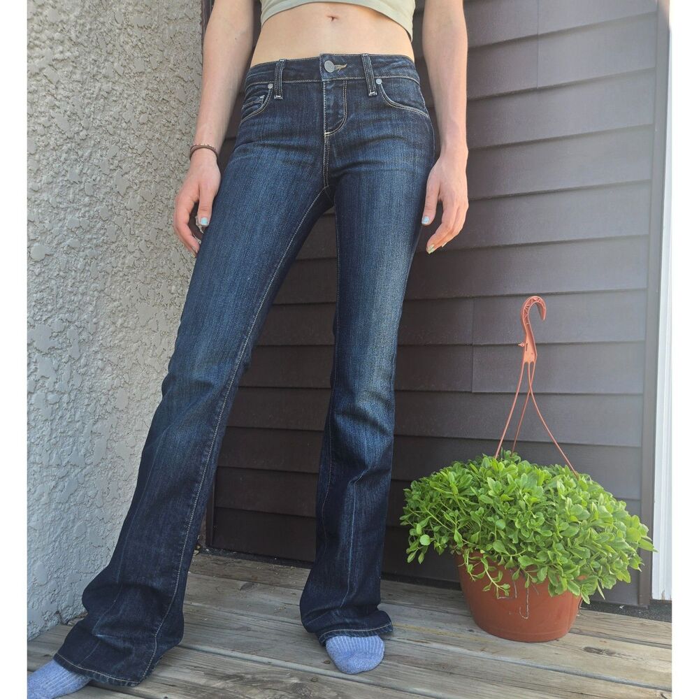 Women's Paige Vintage 1990s Low Rise Flare Bootcut Dark Wash Premium Denim Jeans